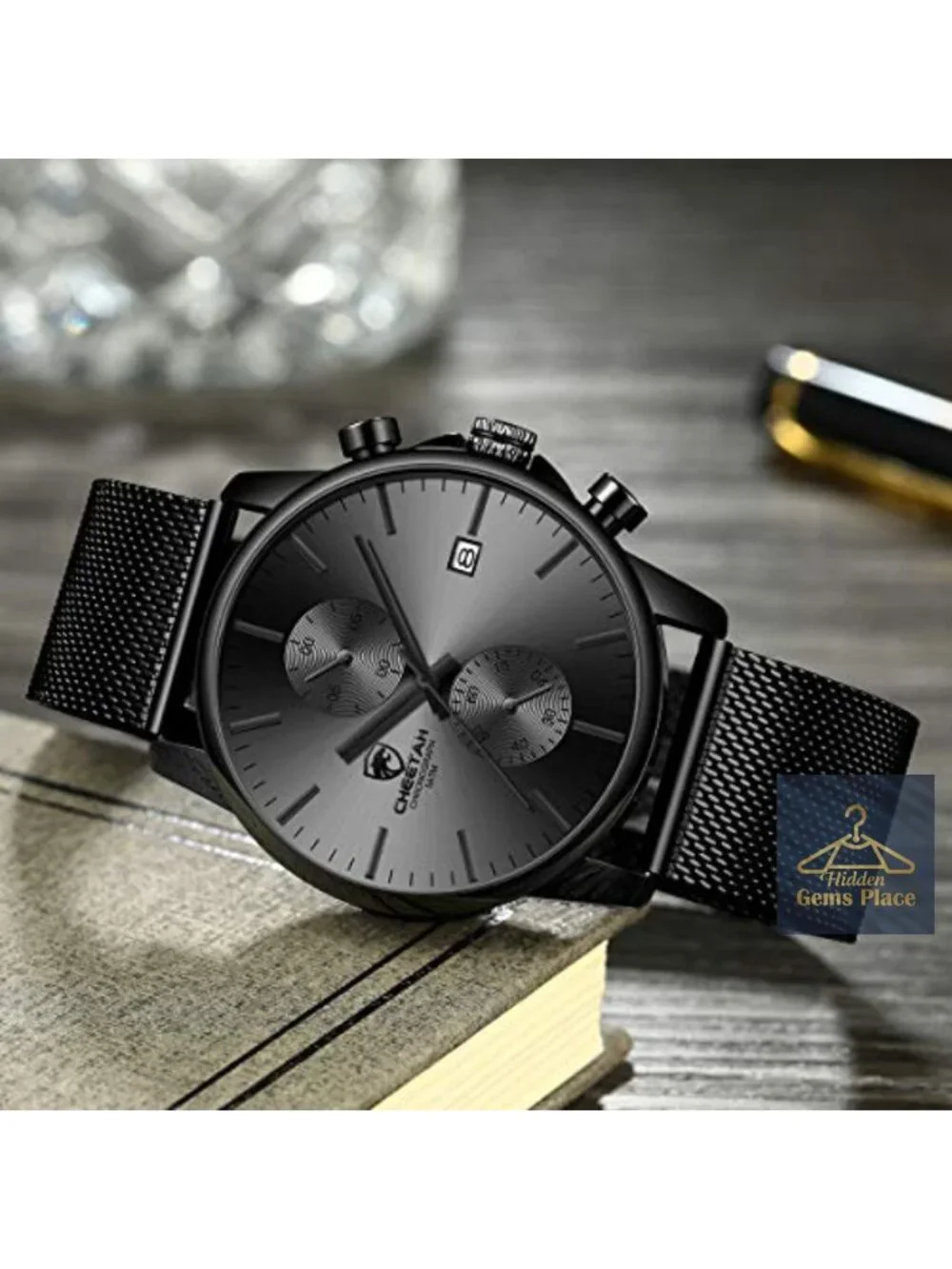 Men's Watch Stainless Steel Mesh Waterproof Chronograph Quartz Analog with Auto